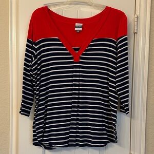 Stylish Red and Navy Striped 3/4 Length Sleeve Top